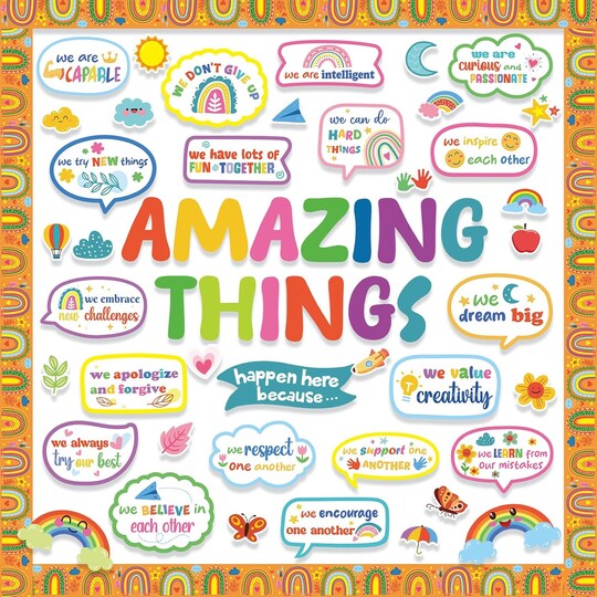 Citrus; 74PCS Amazing Things Happen Here Bulletin Board Set, Boho Rainbow Classroom Decorations, Positive Motivational Welcome Back to School Bulletin Board Decor for Classroom Walls, Doors & Teachers; Category:Bulletin Board Sets; Image:1